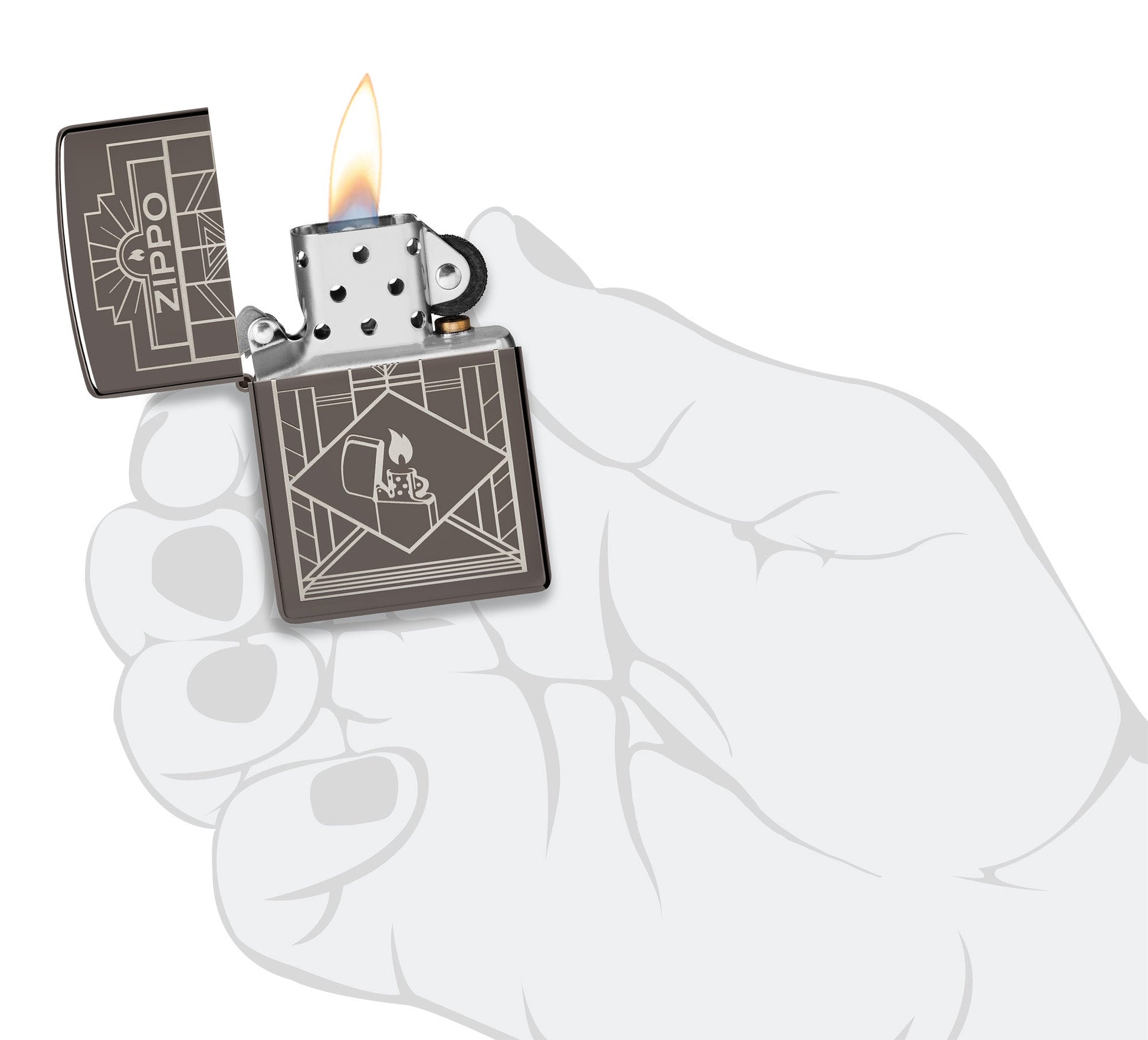 Zippo Art Deco Design Black Ice?? Windproof Lighter lit in hand.