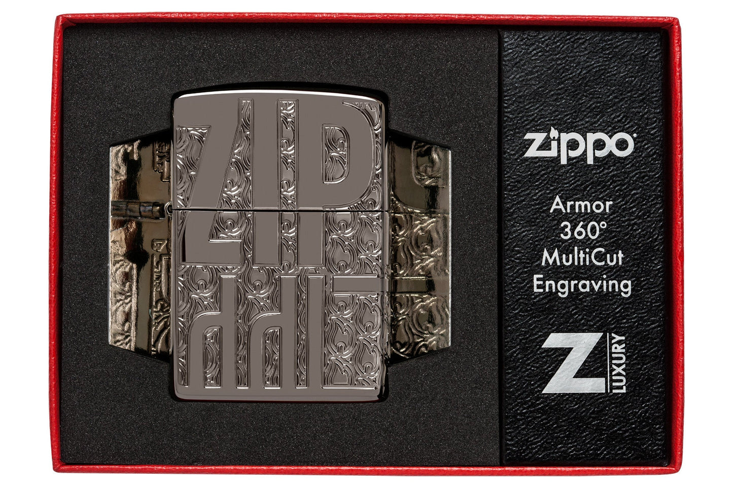 Zippo Reverse Carve Zippo Design Armor?? Black Ice?? Windproof Lighter in its packaging.