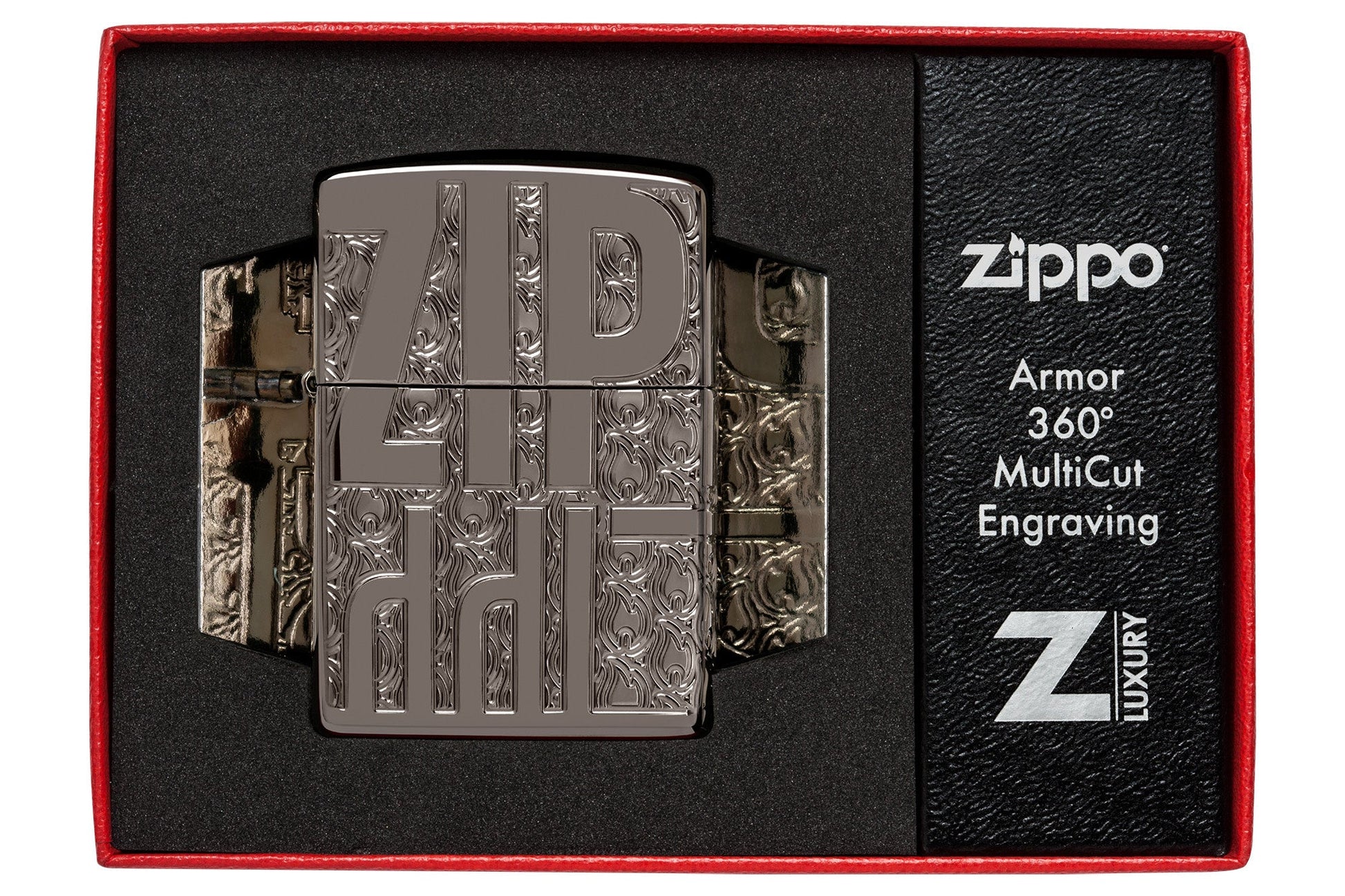Zippo Reverse Carve Zippo Design Armor?? Black Ice?? Windproof Lighter in its packaging.
