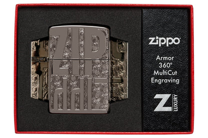 Zippo Reverse Carve Zippo Design Armor?? Black Ice?? Windproof Lighter in its packaging.