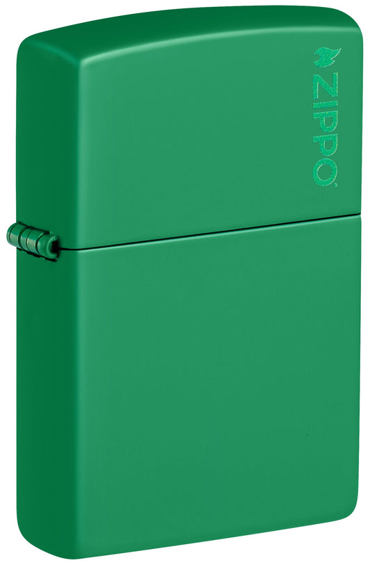 Front view of Zippo Grass Green Matte Zippo Logo Classic Windproof Lighter standing at a ?? angle.