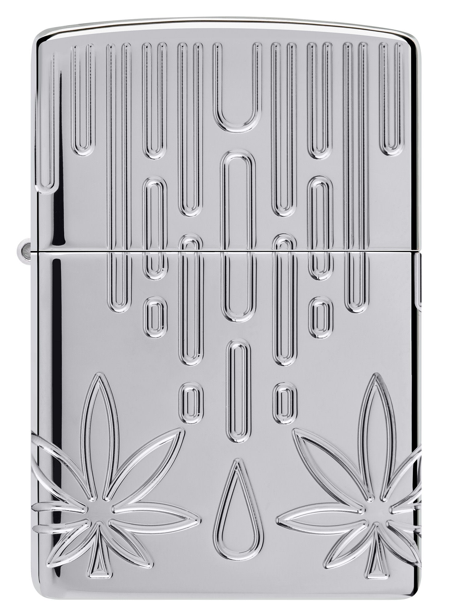 Front view of Zippo Waxy Leaf Design Armor?? High Polish Chrome Windproof Lighter.