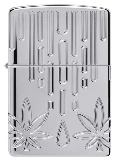 Front view of Zippo Waxy Leaf Design Armor?? High Polish Chrome Windproof Lighter.