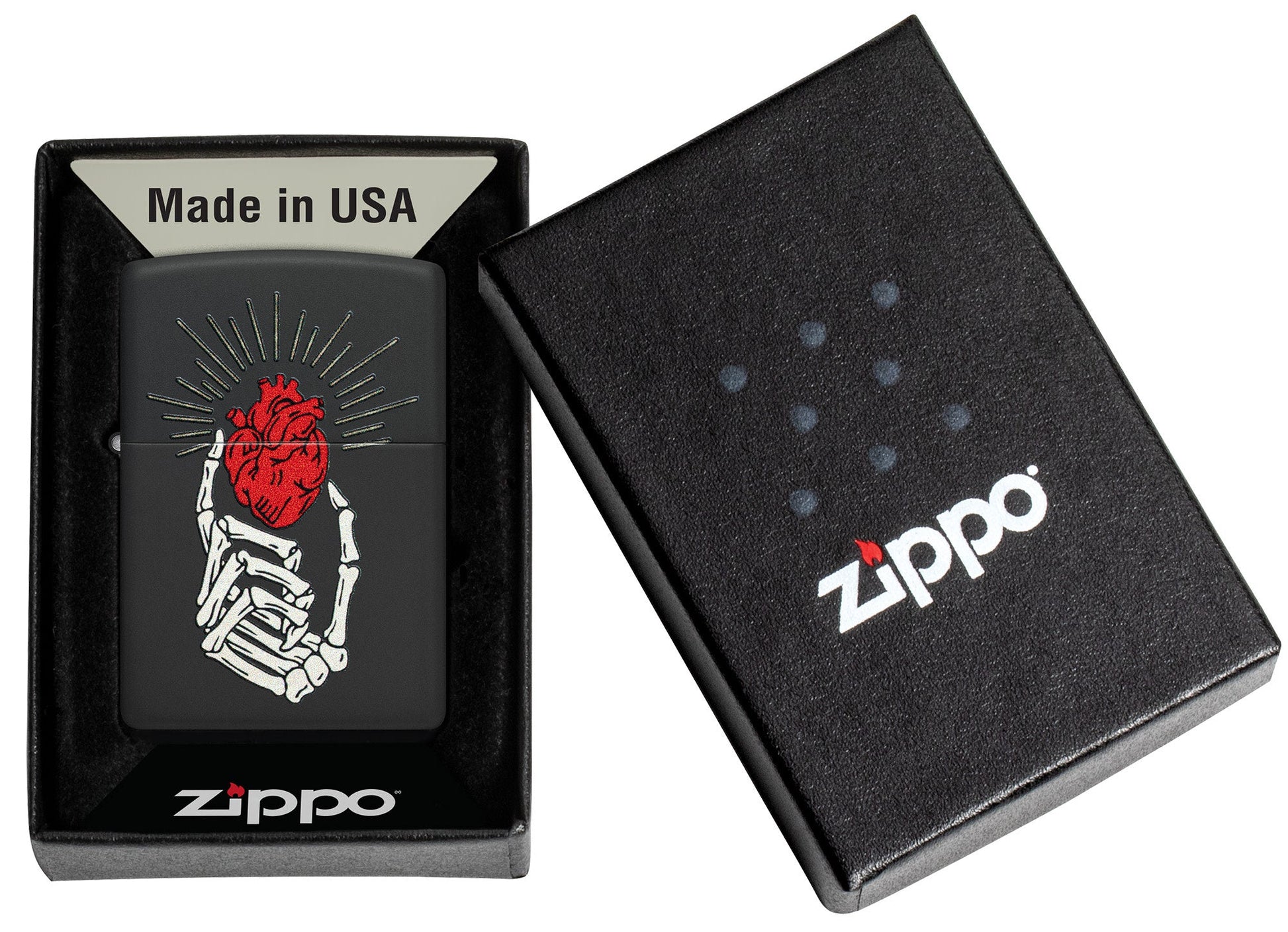 Zippo Undying Love Design Black Matte Windproof Lighter in its packaging.