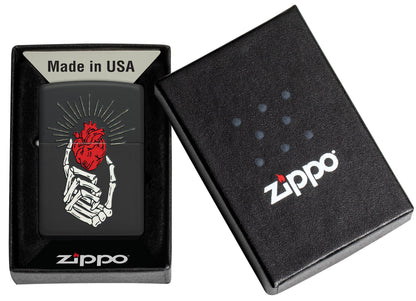 Zippo Undying Love Design Black Matte Windproof Lighter in its packaging.