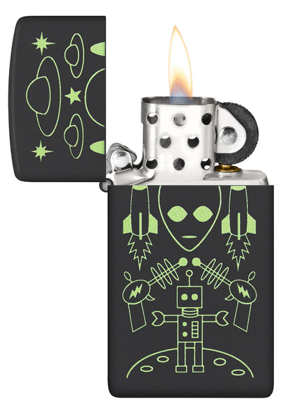 Zippo Alien Invasion Design Slim?? Black Matte Windproof Lighter with its lid open and lit.