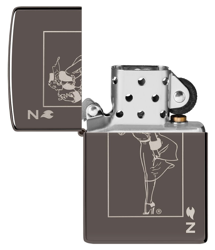 Windy Design Card Black Ice?? Windproof Lighter with its lid open and unlit.