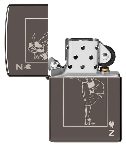 Windy Design Card Black Ice?? Windproof Lighter with its lid open and unlit.