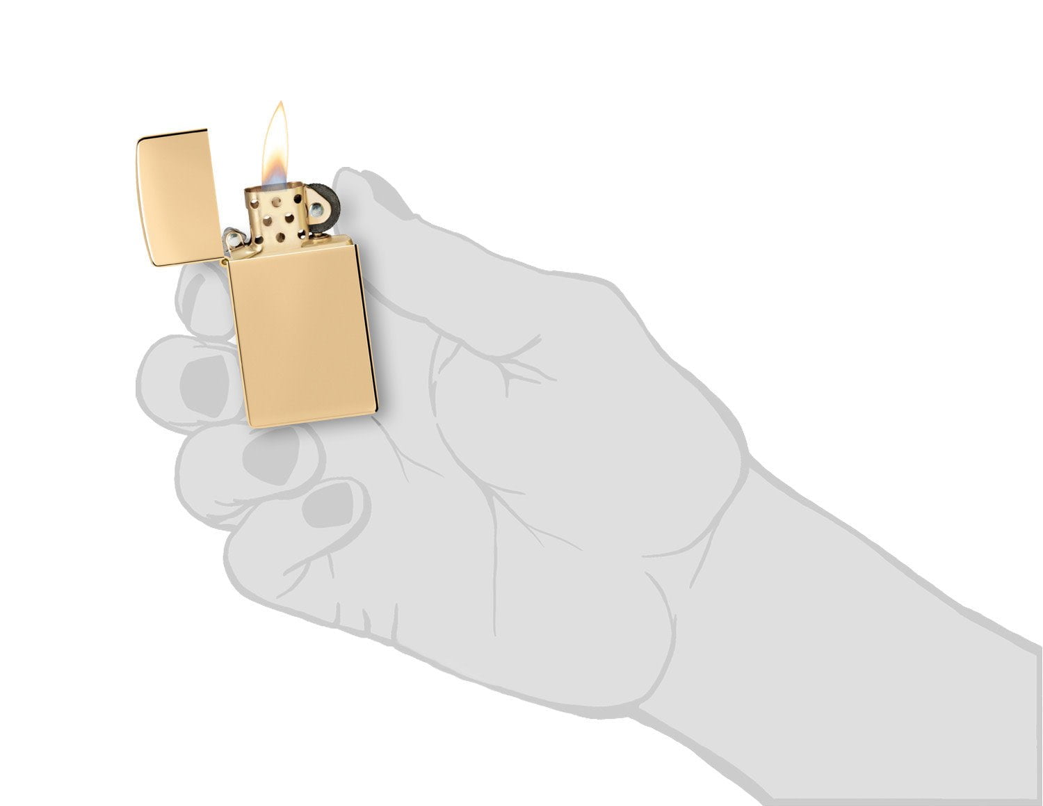 Slim?? High Polish Brass Finish Windproof Lighter lit in hand.
