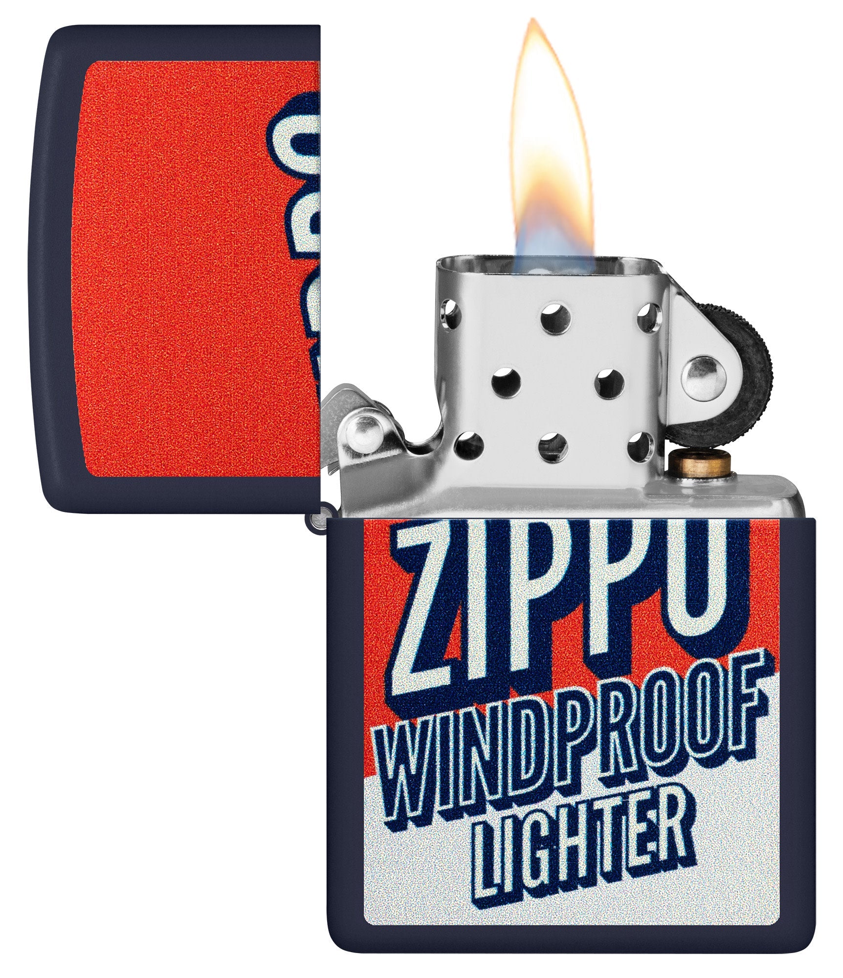 Zippo Color Block Zippo Design Navy Matte Windproof Lighter with its lid open and lit.