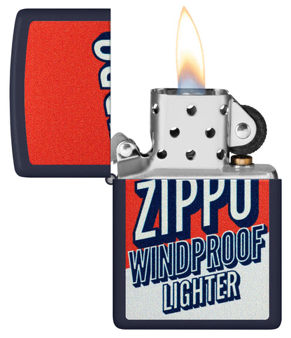 Zippo Color Block Zippo Design Navy Matte Windproof Lighter with its lid open and lit.