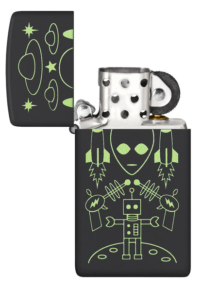 Zippo Alien Invasion Design Slim?? Black Matte Windproof Lighter with its lid open and unlit.