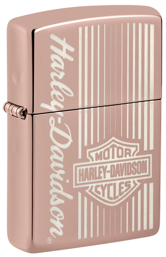 Front view of Zippo Harley-Davidson?? High Polish Rose Gold Windproof Lighter standing at a 3/4 angle.