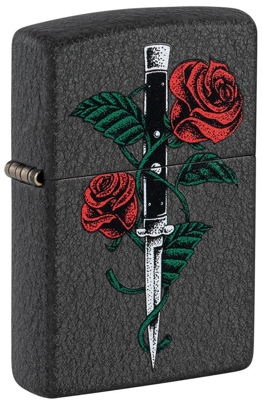 Front shot of Rose Dagger Tattoo Design Black Crackle?? Windproof Lighter standing at a 3/4 angle.