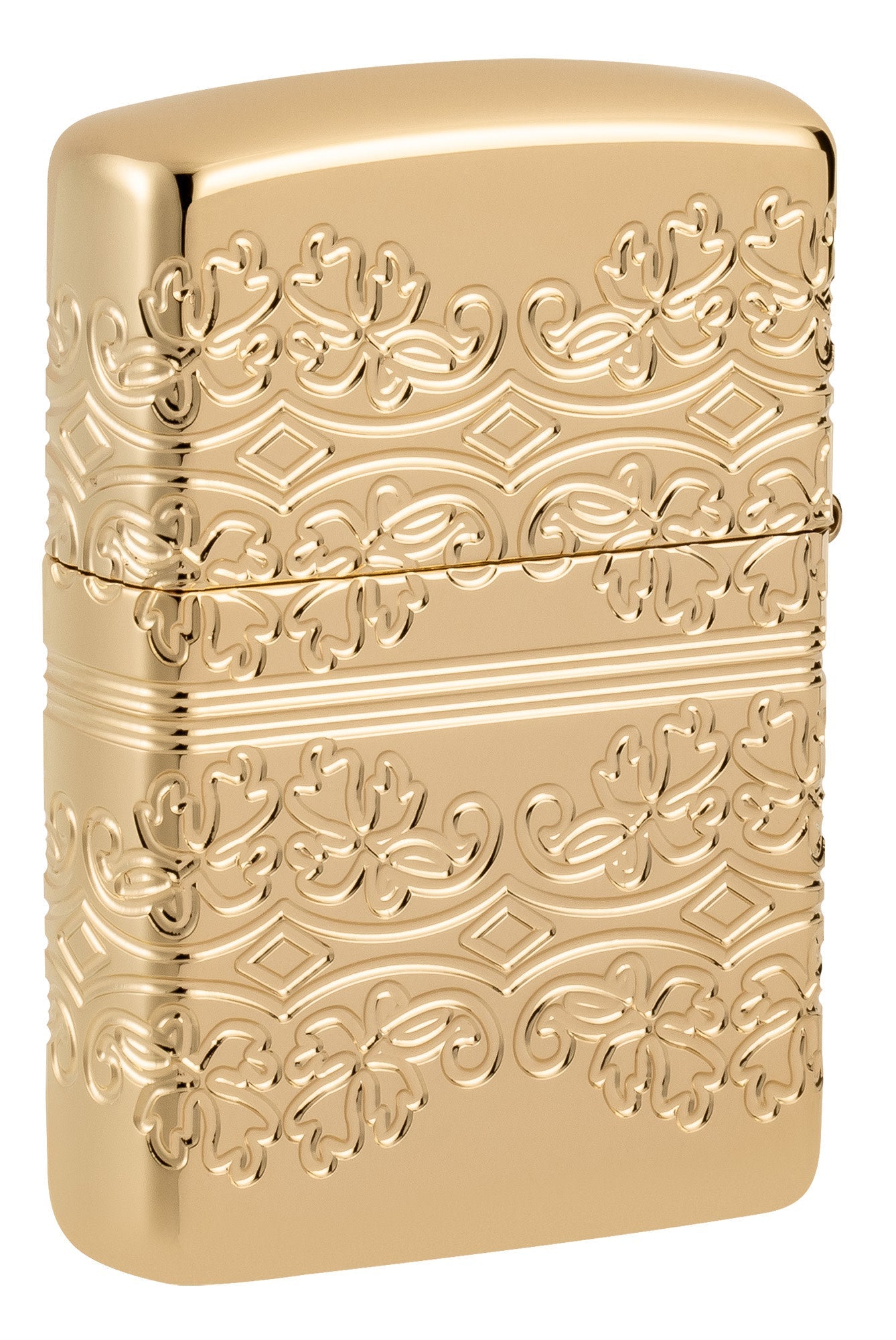 Back shot of Zippo Lucky Clover Design Armor?? High Polish Gold Plate Windproof Lighter standing at a 3/4 angle.