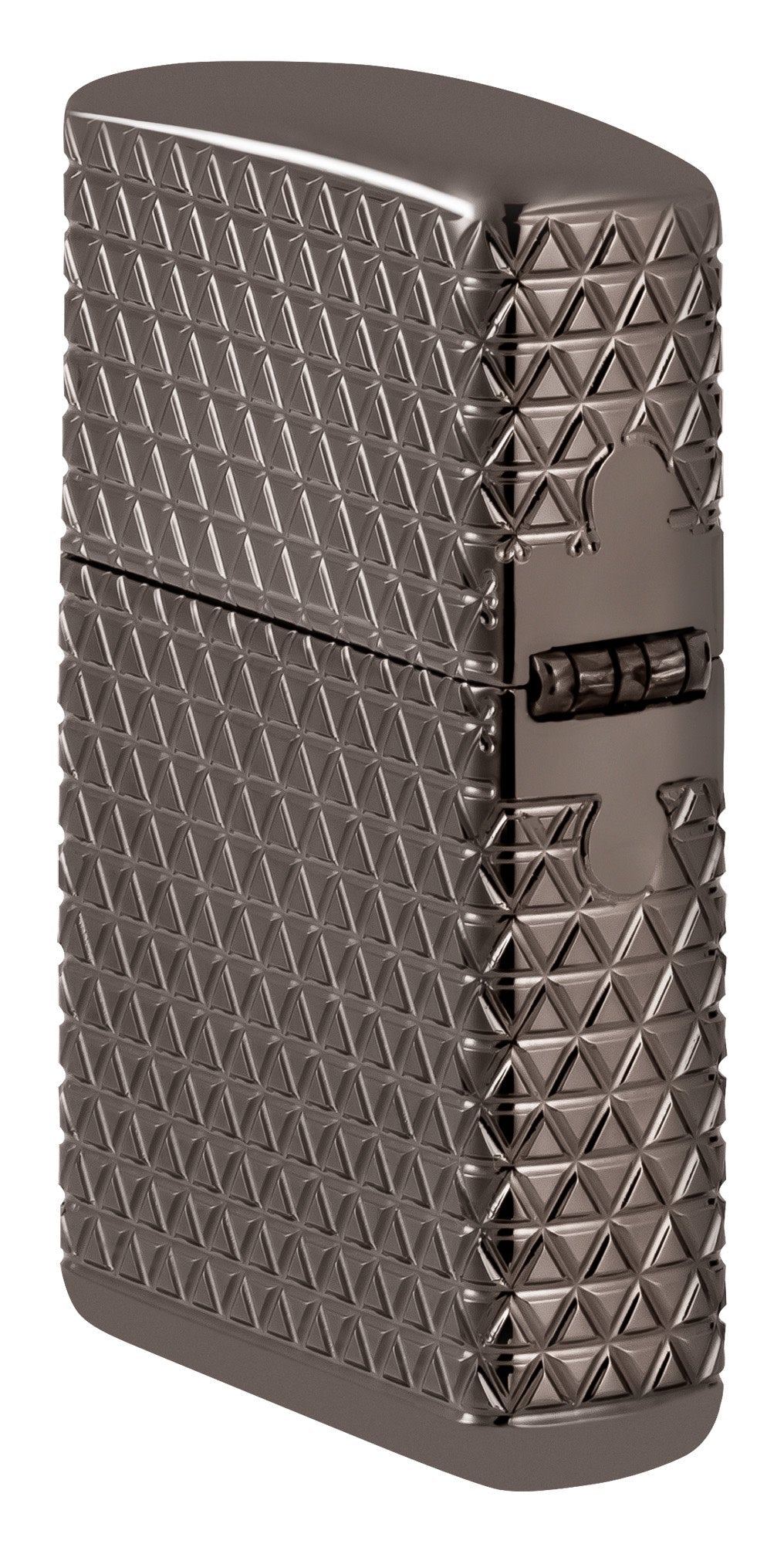 Angled shot of Zippo Diamond Pattern Design Armor?? Black Ice?? Windproof Lighter showing the back and hinge side of the lighter.
