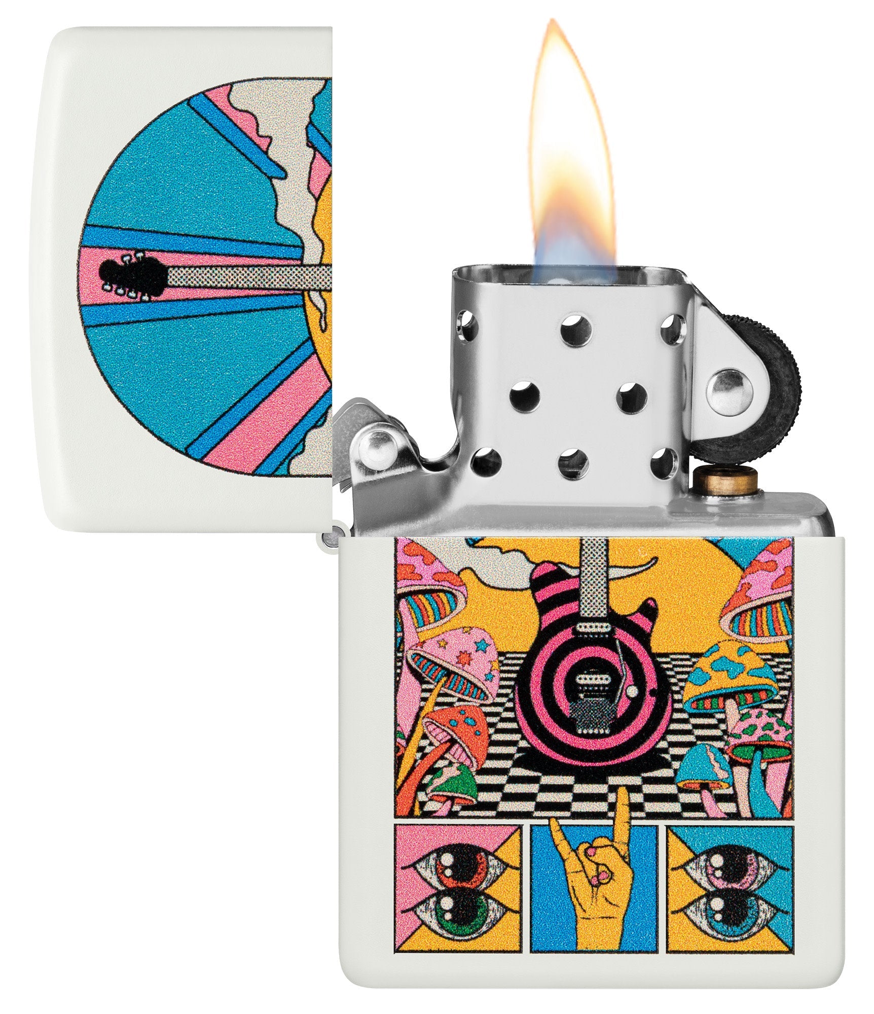 Zippo Retro Music Design White Matte Windproof Lighter with its lid open and lit.