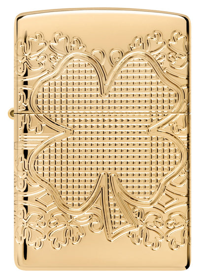 Front view of Zippo Lucky Clover Design Armor?? High Polish Gold Plate Windproof Lighter.