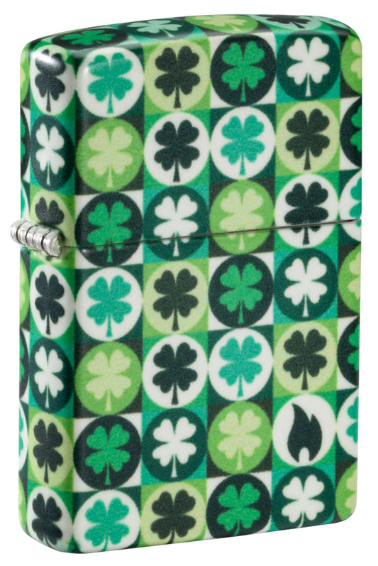 Front view of Zippo Clover Design Glow in the Dark Green Matte Windproof Lighter standing at a 3/4 angle.