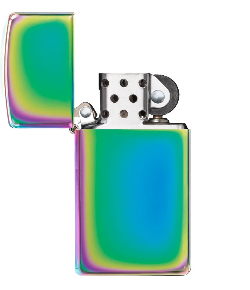 Slim?? Multi Color Windproof Lighter with its lid open and unlit.