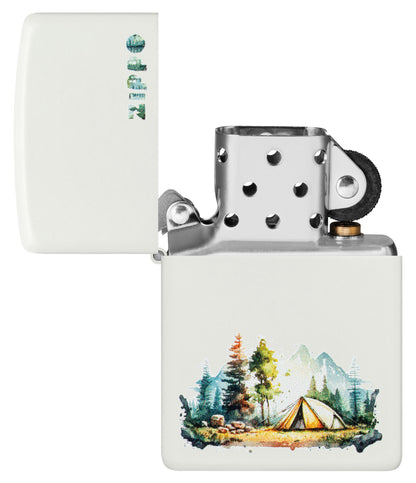 Zippo Nature Retreat Design White Matte Windproof Lighter with its lid open and unlit.