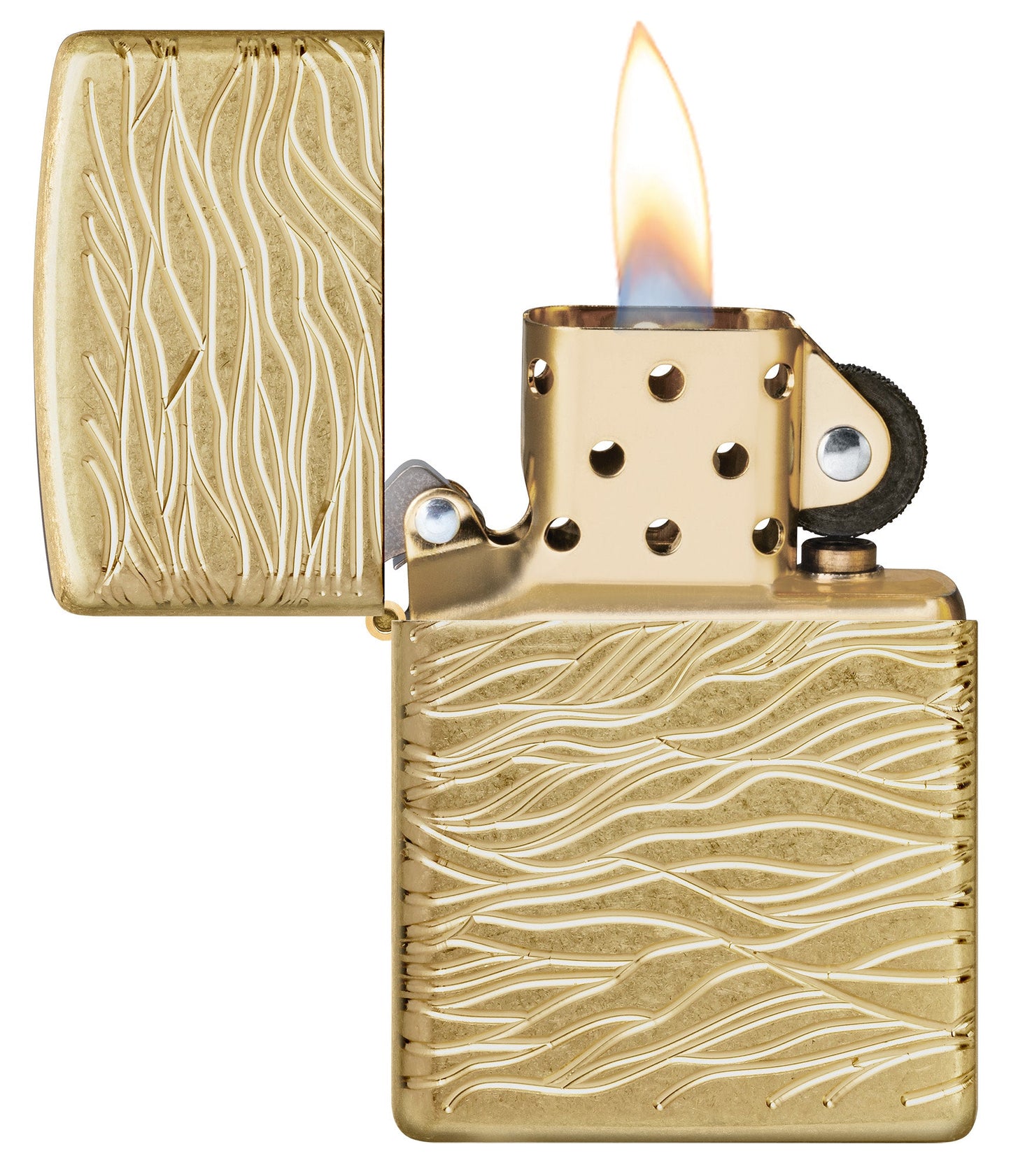 Zippo Luxury Waves Design Armor Tumbled Brass Windproof Lighter with its lid open and lit.