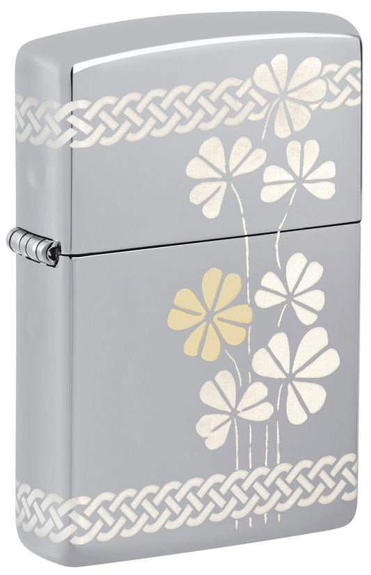 Front shot of Zippo Laser 360?Ã¸ Clover Design High Polish Chrome Pocket Lighter standing at a 3/4 angle.