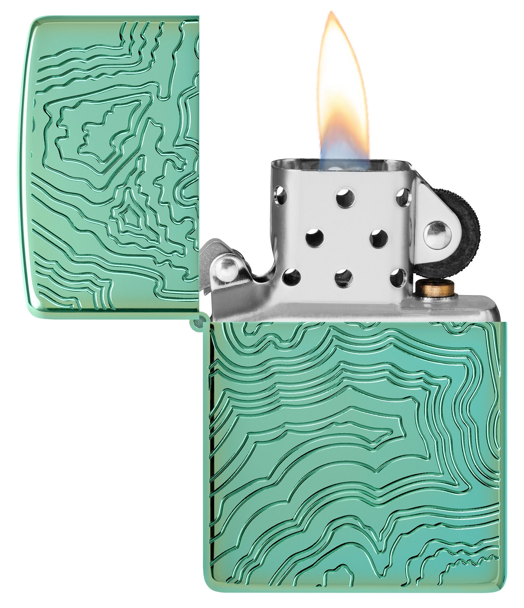 Zippo Map Armor High Polish Green Windproof Lighter with its lid open and lit.