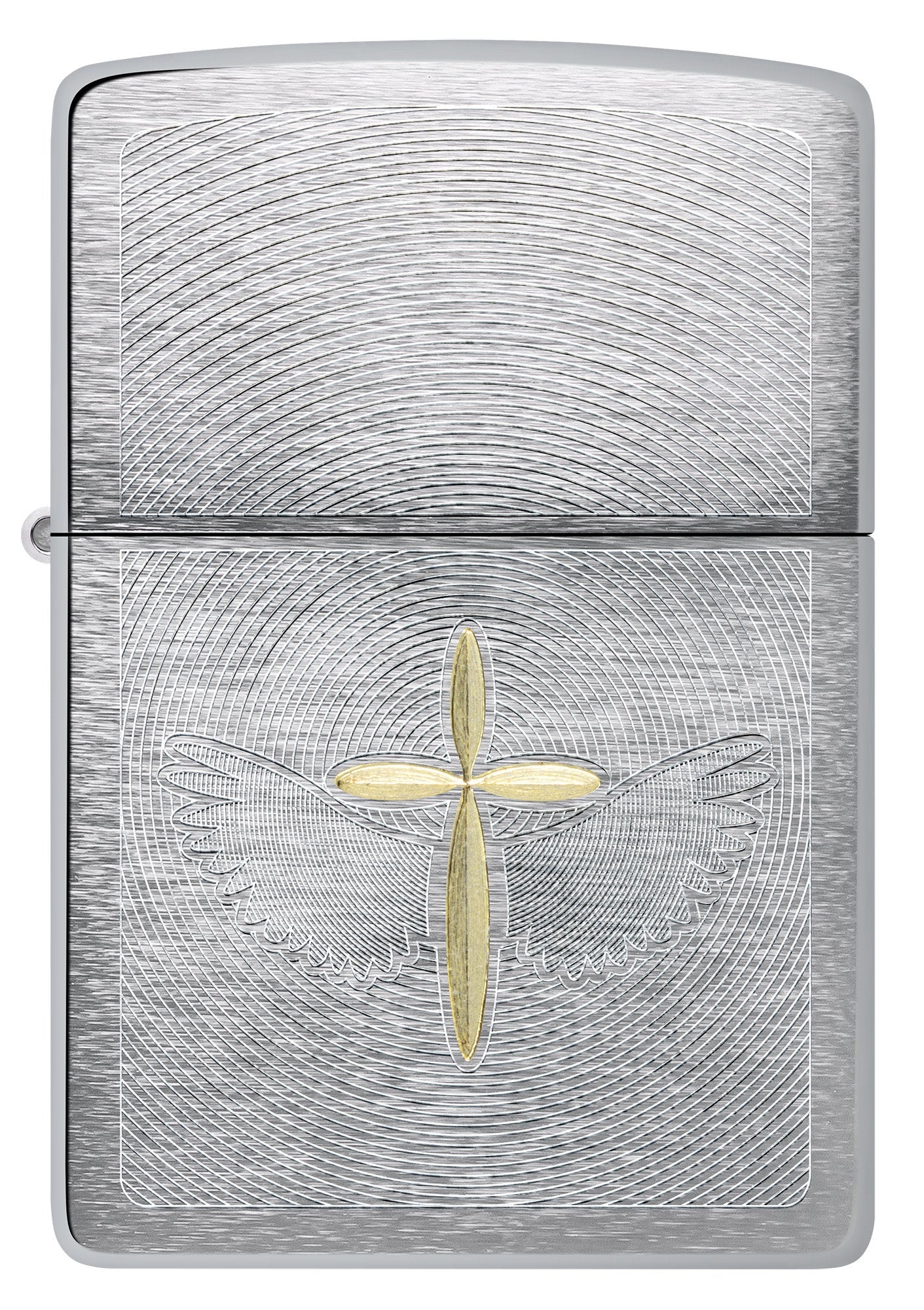 Front view of Zippo Angel Aura Design Brushed Chrome Windproof Lighter.