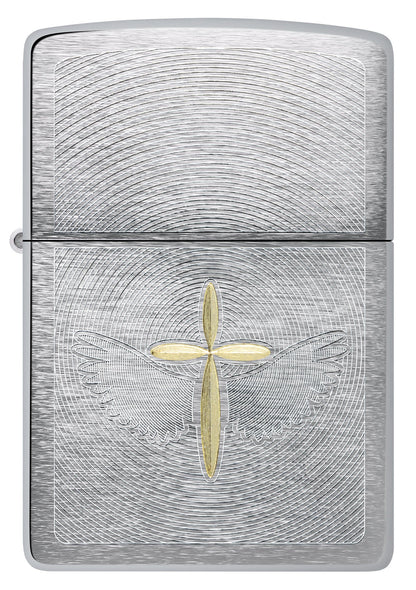 Front view of Zippo Angel Aura Design Brushed Chrome Windproof Lighter.