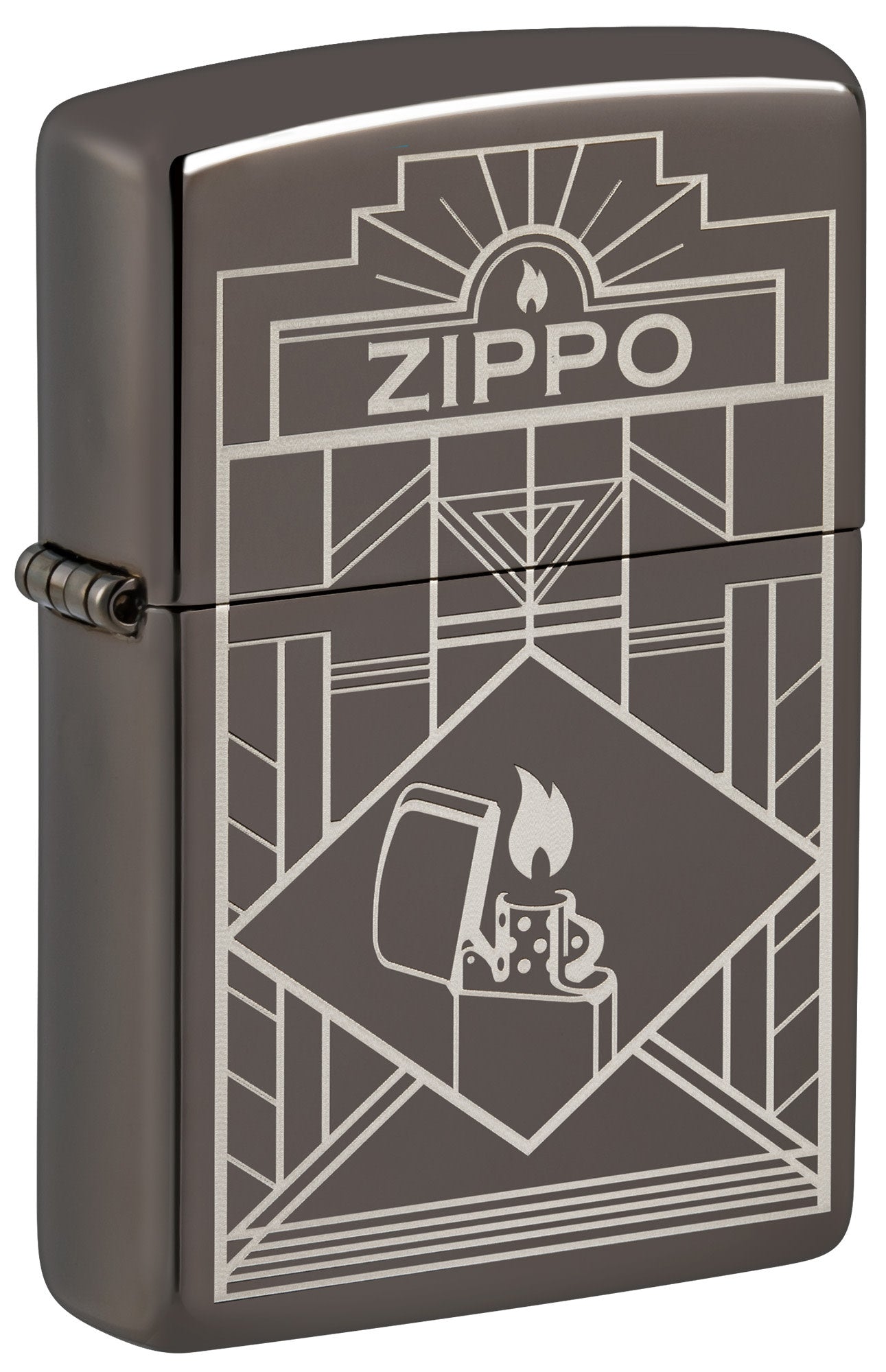 Front shot of Zippo Art Deco Design Black Ice?? Windproof Lighter standing at a 3/4 angle