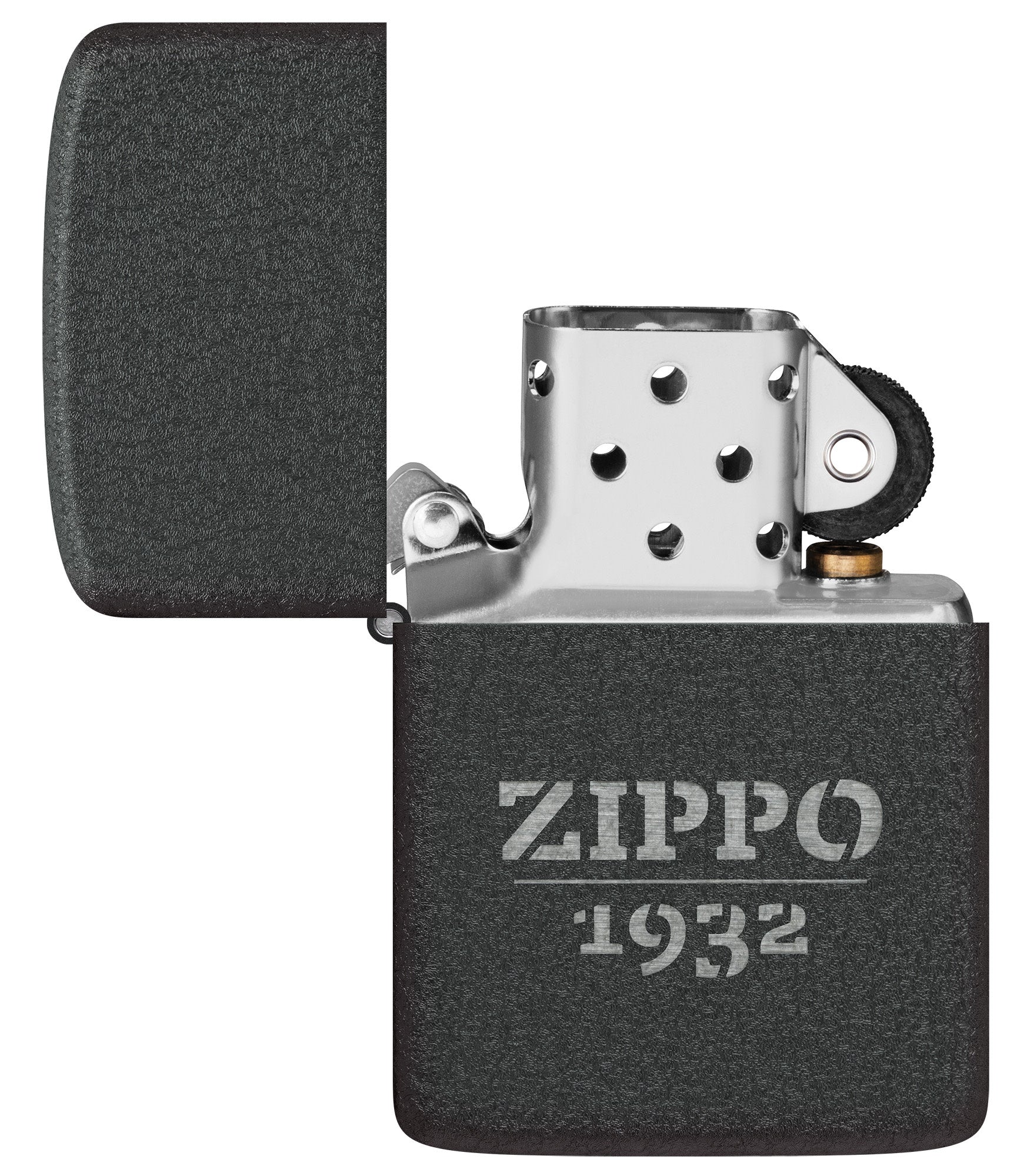 Zippo Design 1941 Replica Black Crackle?? Windproof Lighter with its lid open and unlit.