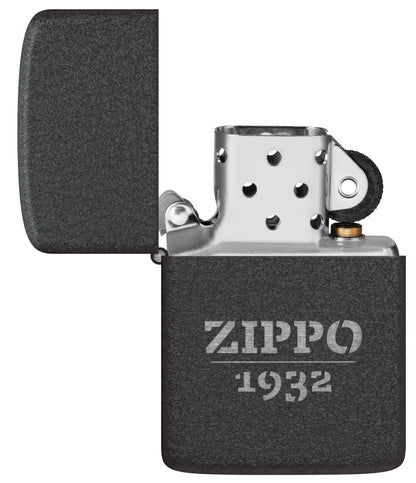 Zippo Design 1941 Replica Black Crackle?? Windproof Lighter with its lid open and unlit.
