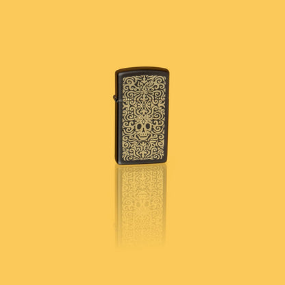 Glamour shot of Zippo Skull Filigree Design Slim Black Matte Windproof Lighter standing in a yellow scene.