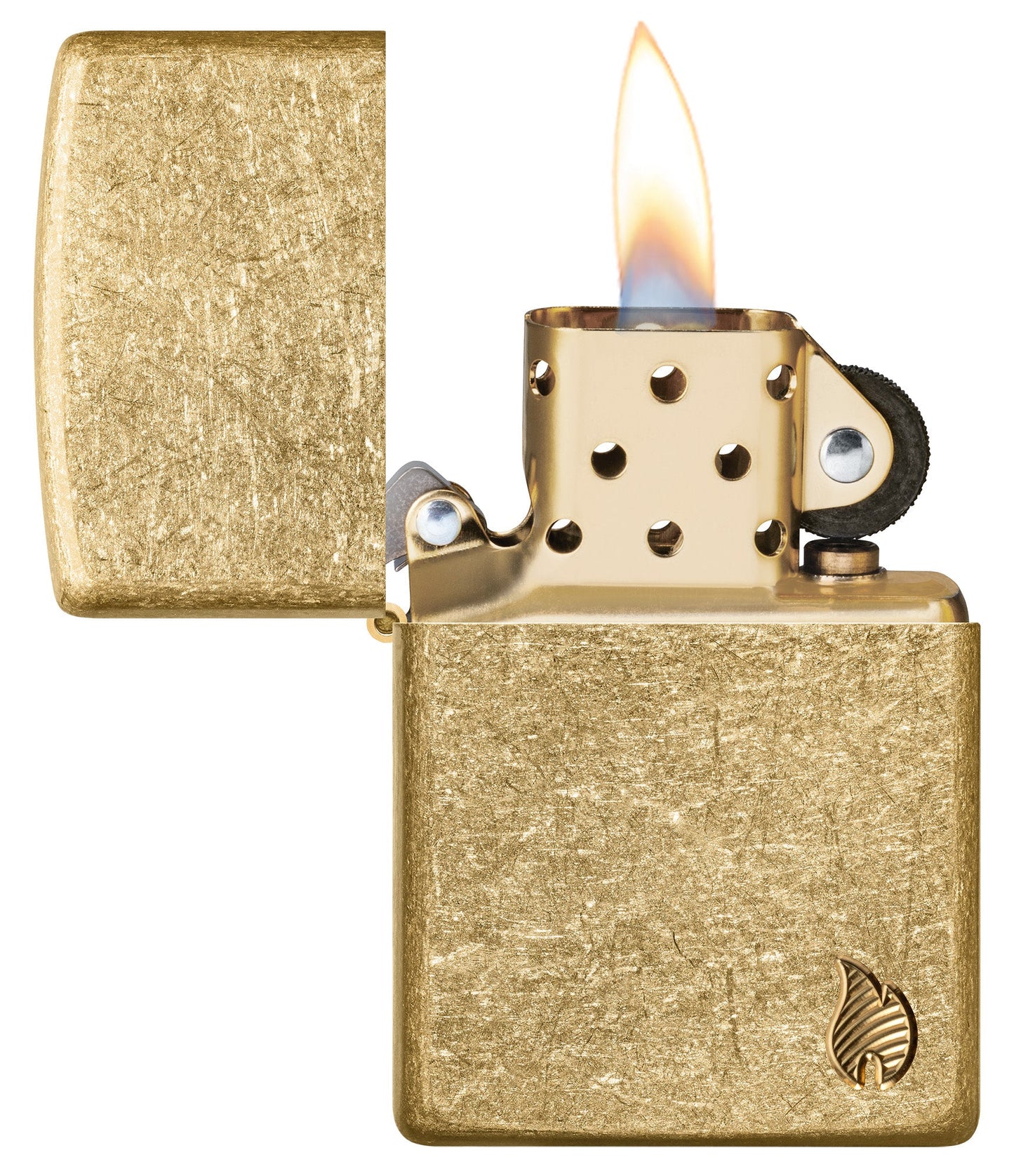 Zippo Armor?? Series Flame Tumbled Brass Windproof Lighter with its lid open and lit.