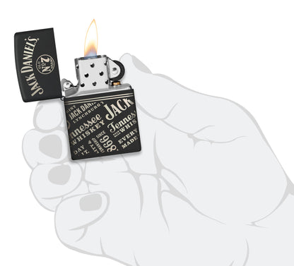 Zippo Jack Daniel's?? Every Drop Design Regular Media Chrome Black Matte Windproof Lighter lit in hand.