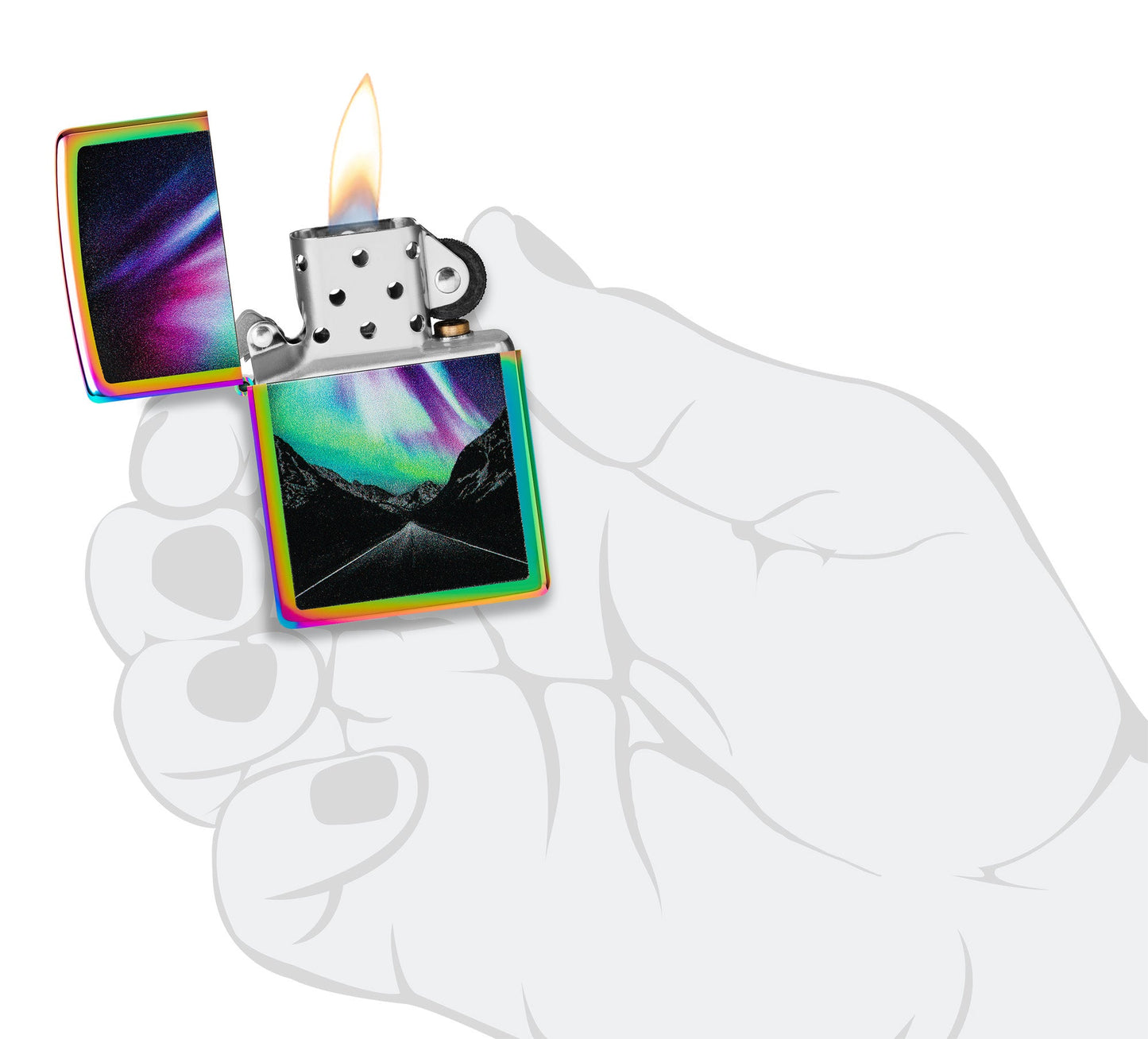 Zippo Aurora Road Design Multi Color Windproof Lighter lit in hand.