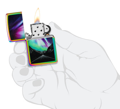 Zippo Aurora Road Design Multi Color Windproof Lighter lit in hand.