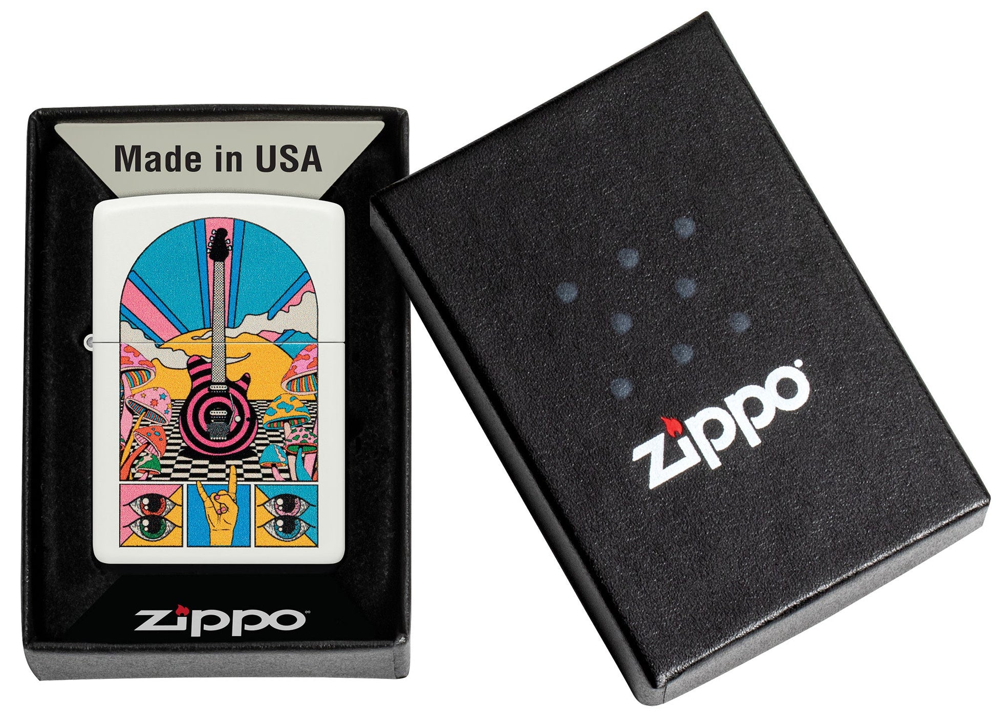 Zippo Retro Music Design White Matte Windproof Lighter in its packaging.