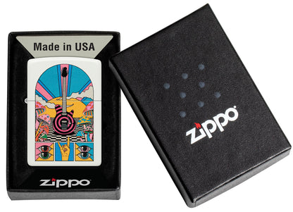 Zippo Retro Music Design White Matte Windproof Lighter in its packaging.