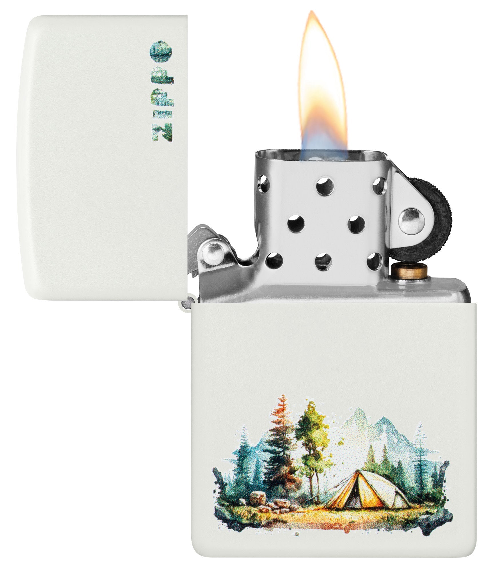 Zippo Nature Retreat Design White Matte Windproof Lighter with its lid open and lit.