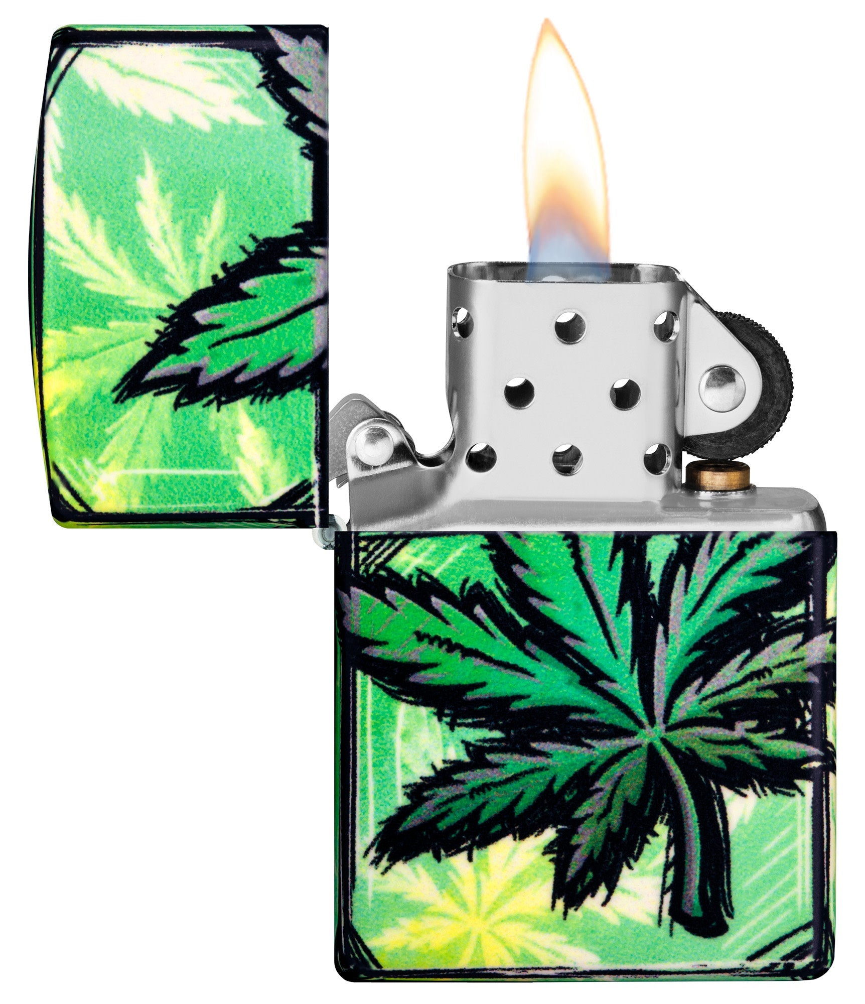 Zippo Glowing Leaves Design 540 Color Glow in the Dark Windproof Lighter with its lid open and lit.