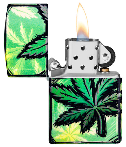 Zippo Glowing Leaves Design 540 Color Glow in the Dark Windproof Lighter with its lid open and lit.