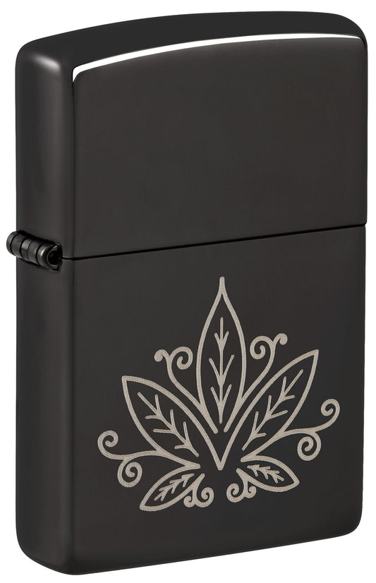 Front view of Zippo Cannabis Design High Polish Black Windproof Lighter standing at a 3/4 angle.