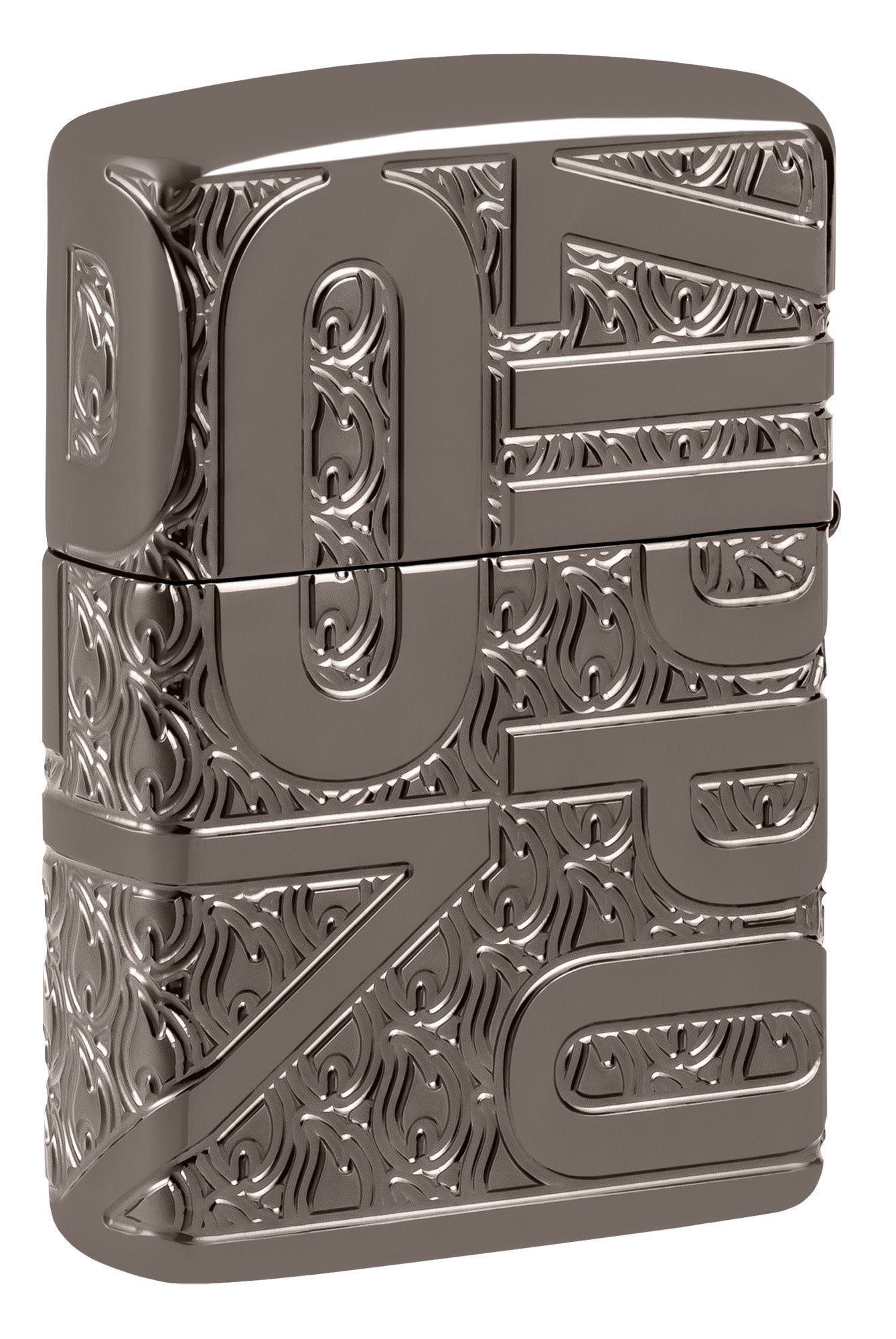 Back shot of Zippo Reverse Carve Zippo Design Armor?? Black Ice?? Windproof Lighter standing at a 3/4 angle.