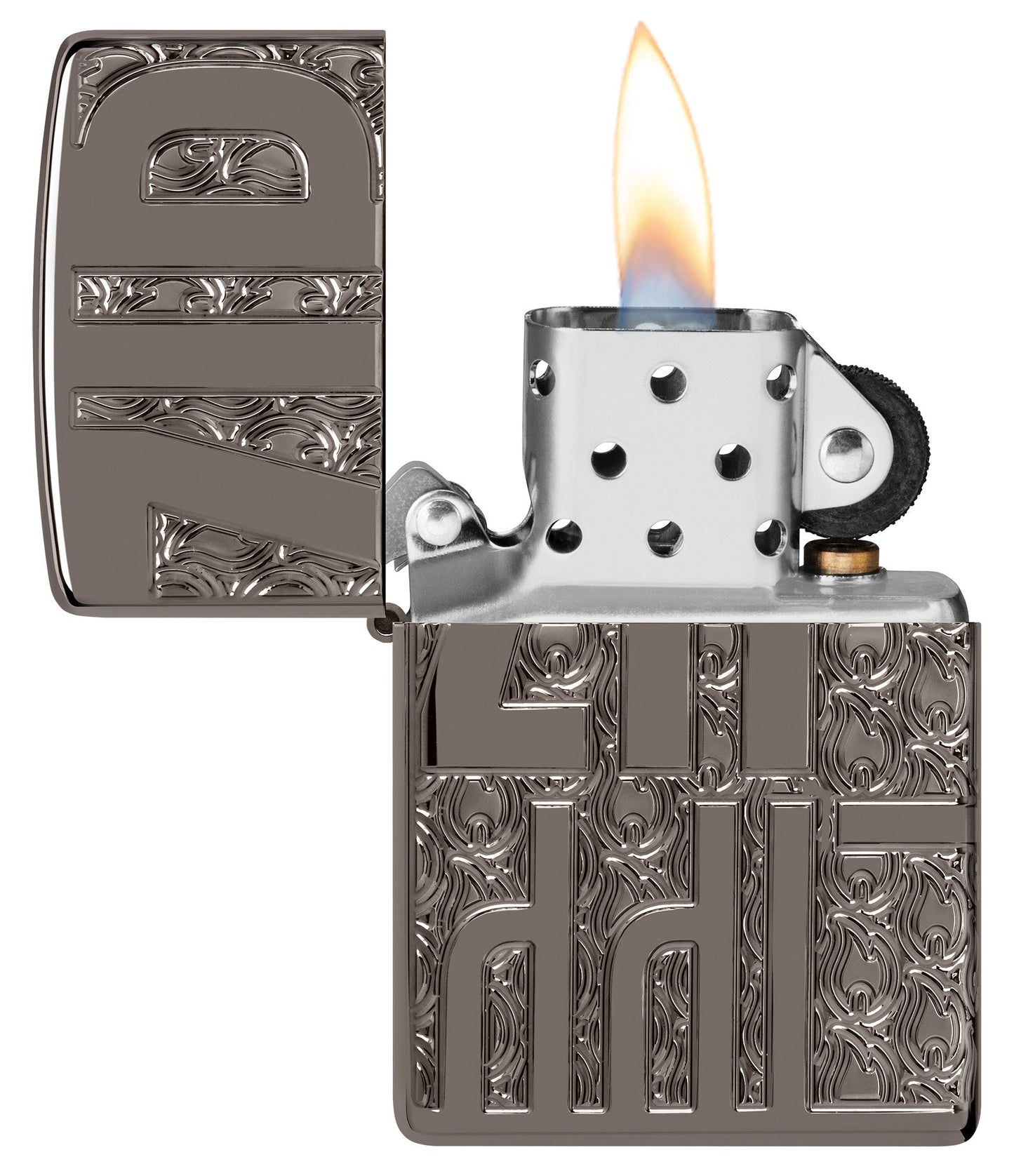 Zippo Reverse Carve Zippo Design Armor?? Black Ice?? Windproof Lighter with its lid open and lit.