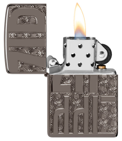 Zippo Reverse Carve Zippo Design Armor?? Black Ice?? Windproof Lighter with its lid open and lit.