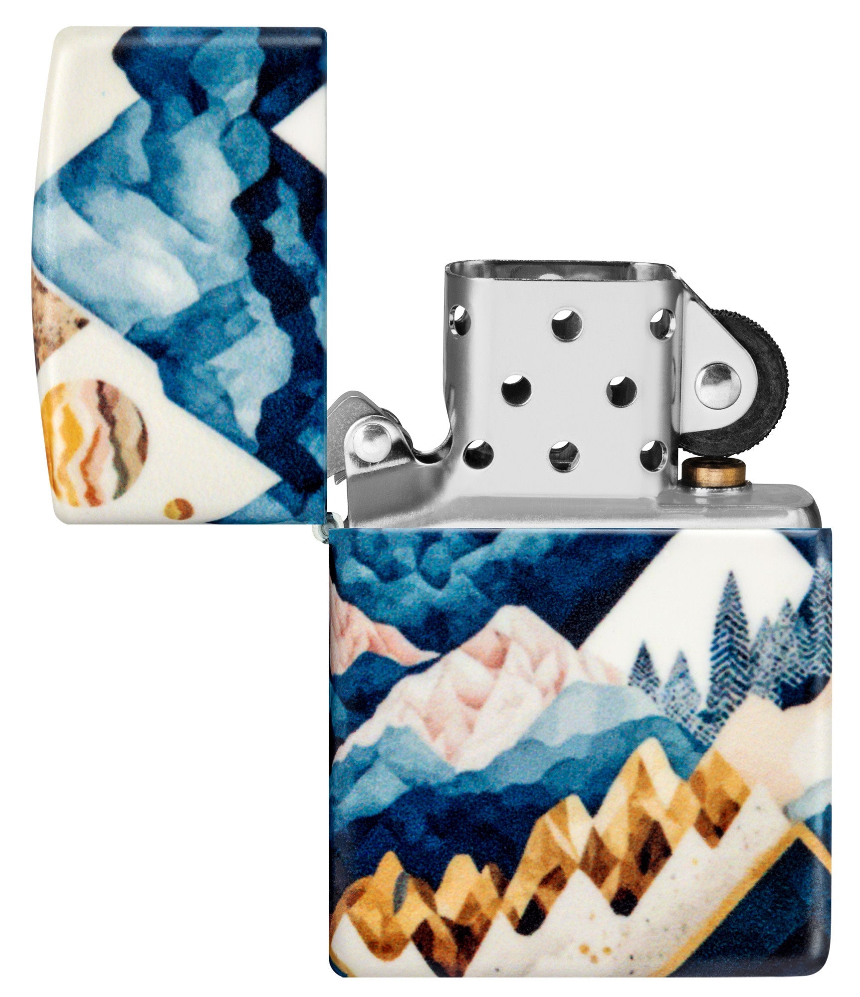 Zippo Mountain Collage Design 540 Matte Windproof Lighter with its lid open and unlit.
