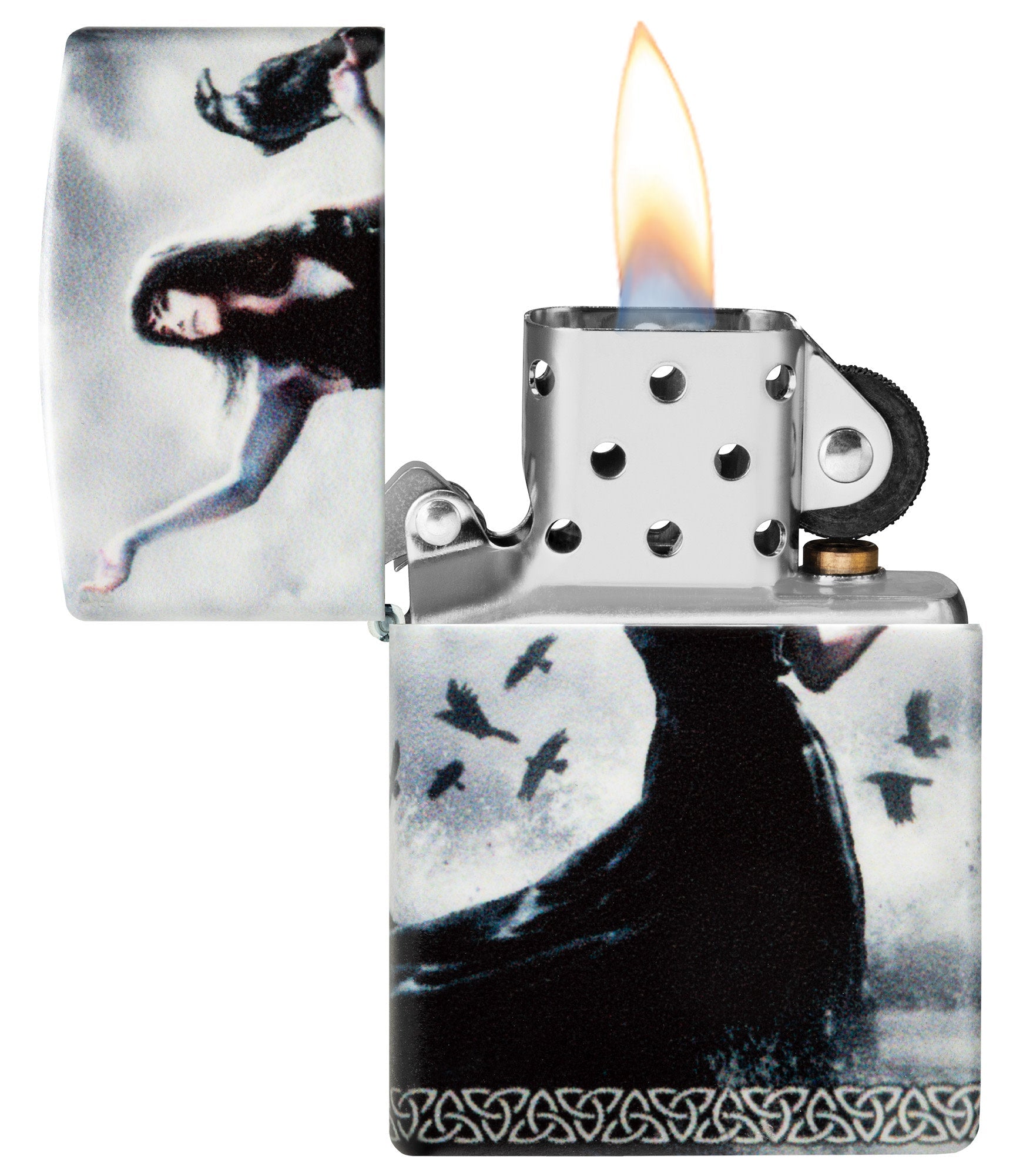 Zippo Mazzi?? 540 Matte Windproof Lighter with its lid open and lit.
