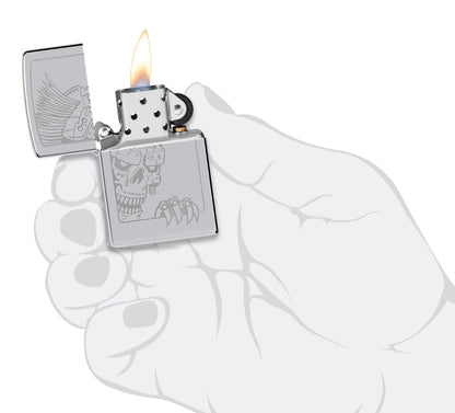 Zippo Mohawk Skull Design High Polish Chrome Windproof Lighter lit in hand.